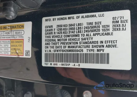 2021 Honda Pilot Awd Special Edition z USA, uszkodzony, nr VIN 5FNYF6H26MB059426